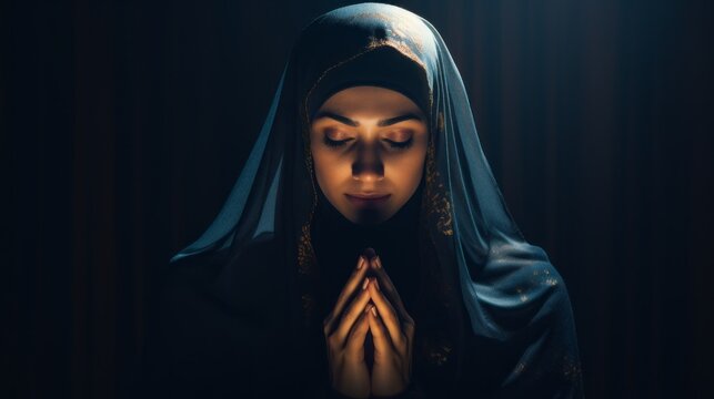 A beautiful young Muslim woman, wearing a traditional dress and hijab, Performs Divine services, Prays on a black background in a Mosque. Religion, Faith in God, Islam, Ramadan, Eid al-Adha concepts.
