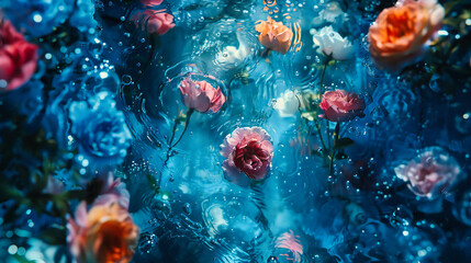 Obraz na płótnie Canvas Tranquil Water and Floral Beauty, Abstract Underwater Blossom with Blue and Pink Reflections, Romantic Garden Fantasy