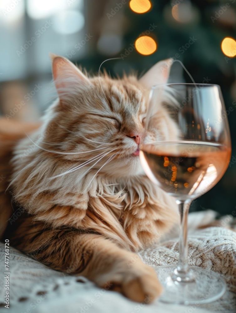 Poster A cat is drinking wine from a glass. Generative AI.