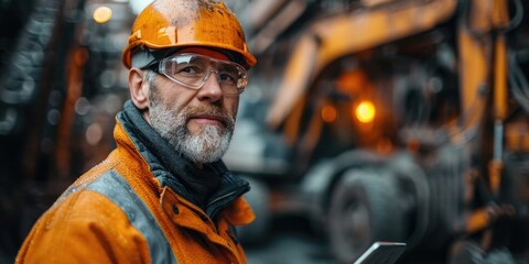 A man in an orange hard hat and glasses holding a tablet. Generative AI.
