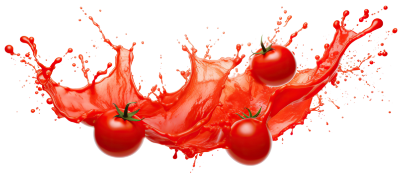 Fresh tomatoes splashing in vibrant red juice, cut out