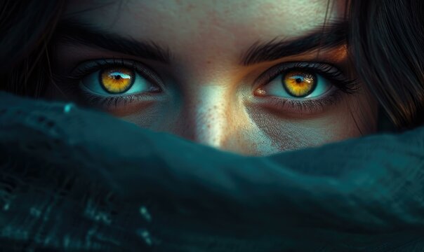 A woman with yellow eyes peering out from behind a blanket. Generative AI.