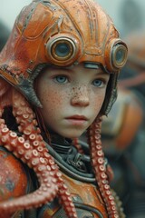 A young girl wearing an orange helmet and octopus costume. Generative AI.