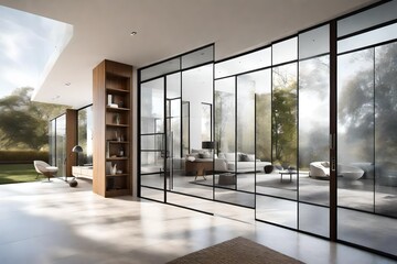 glass doors in a modern architectural masterpiece, allowing a glimpse of an interior bathed in soft, inviting light