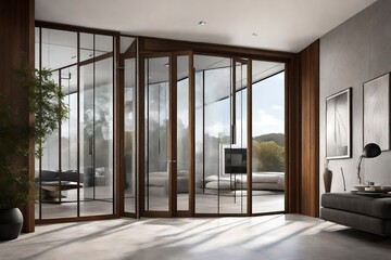 glass doors in a modern architectural masterpiece, allowing a glimpse of an interior bathed in soft, inviting light