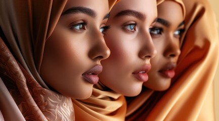 Three beautiful muslim women wearing headscarves. Generative AI. - obrazy, fototapety, plakaty