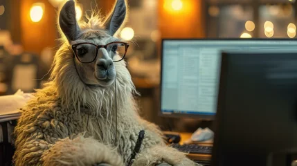 Fotobehang A llama wearing glasses sits at a desk. Generative AI. © Natalia