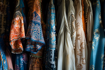 Close up of colorful vintage clothing on a rack