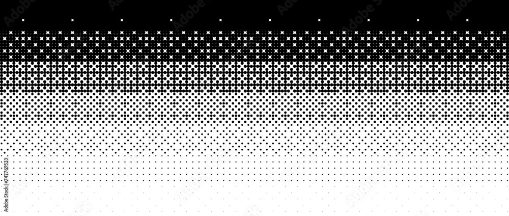 Poster Pixelated gradient texture. Black dithered gradation background. Retro bitmap video game wallpaper. Halftone 8 bit overlay. Vintage rectangle pixel art print. Vector horizontal striped fading backdrop