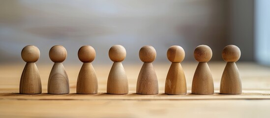 A collection of wooden human figures, each uniquely designed and standing upright side by side in a row. This arrangement symbolizes effective personnel management within an organization, representing