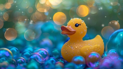 A rubber duck floats peacefully in a pool of water, bobbing gently on the surface