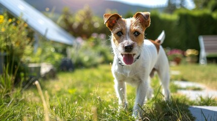 A small brown and white dog stands confidently on a vibrant green field under the clear sky