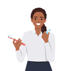 Woman brushing teeth in the bathroom in flat design. Female cleaning teeth to prevent tooth decay. Dental hygiene with toothbrush and toothpaste.Woman brushing teeth in the bathroom. Flat vector