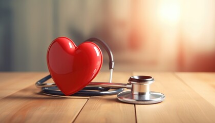 a red heart with a stethoscope on a wooden table - obrazy, fototapety, plakaty