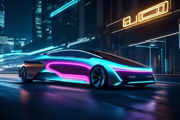 A sleek concept car speeding along a neon-lit city street at night, its futuristic design and...
