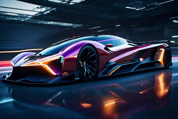 A concept supercar showcased on a futuristic racetrack, its dynamic design and cutting-edge...