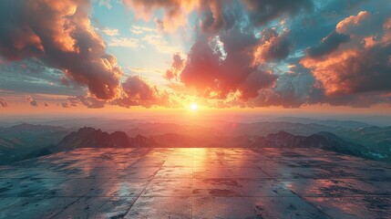 Empty square floor and green mountain with sky clouds at sunset. Panoramic view