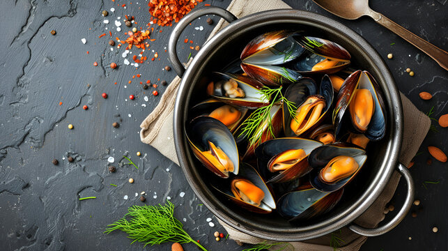 Boiled mussels with dill in a pot top view sea food. copy space.  generative ai