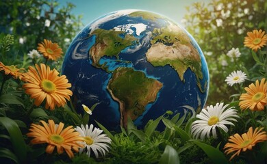 Obraz na płótnie Canvas Earth Day Earth Blooming Planet Globe Adorned with Flowers and Leaves