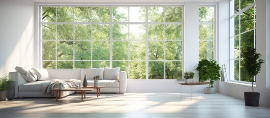 A modern living room filled with furniture such as sofas, chairs, tables, and shelves. A large window lets in natural light, illuminating the space.