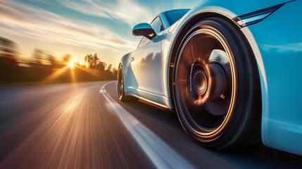 Close-up of White Sports Car Driving on Country Road highway, Speed Motion Blur at Morning or...