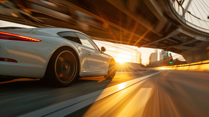 Close-up of White Sports Car Driving on Road highway, Speed Motion Blur at Morning or Sunset, Rear...