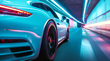 Close-up of White Sports Car Driving on Road Neon Tunnel, Speed Motion Blur at Morning or Sunset,...