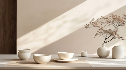 Ceramic tableware and a vase bask in natural sunlight, creating serene shadows on a white backdrop