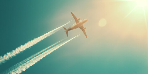 An airplane flying in the bright sky.