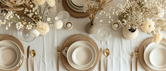 A romantic table setting with soft lighting and lush floral decor creates an intimate dining atmosphere