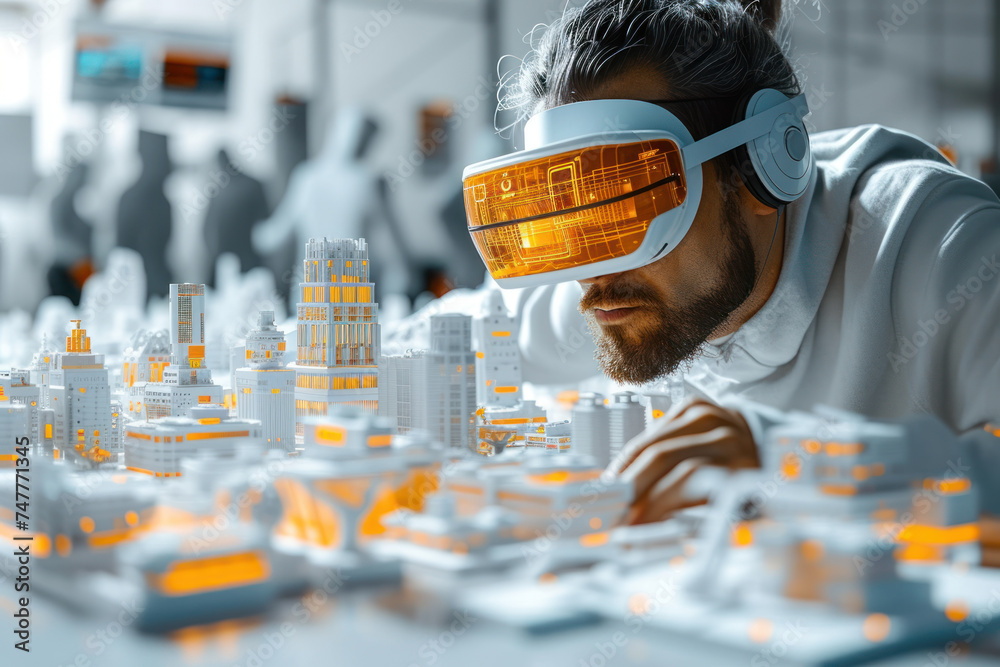 Poster An architect meticulously examines a detailed urban planning model. The precision and focus reflect the complex process of creating sustainable and functional living spaces