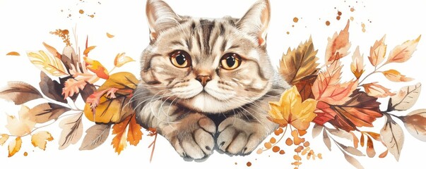 Cat in Autumn with Flower watercolor style
