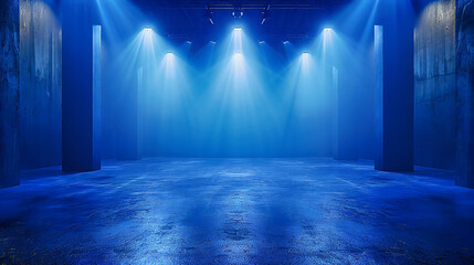 Spotlight on Empty Stage: Bright Blue Light in Dark Room, Abstract Background for Event and...