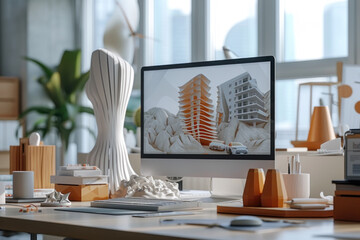 a detailed architectural model of a modern, curvilinear apartment building, showcasing innovative design and urban living spaces accented with greenery