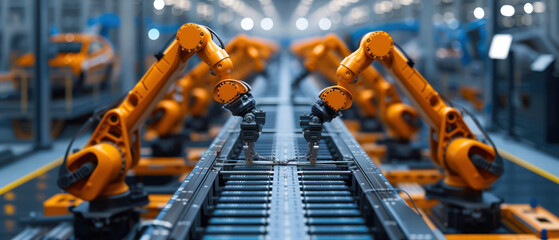 Automated robotics arms efficiently assembling a car on a production line, showcasing precision and advanced manufacturing technology
