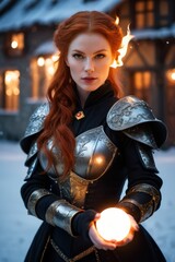 Armored redhead mage holding a fireball on snowy village night.