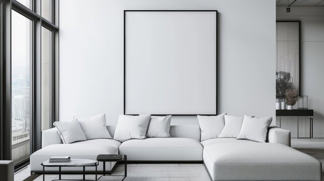 large blank picture frame in a modern appartement - poster / art mockup template for product placement