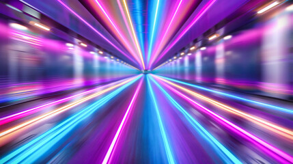 Speed of Light in Futuristic Tunnel: Abstract Blue and Yellow Lines, High-Speed Motion and Technology Concept
