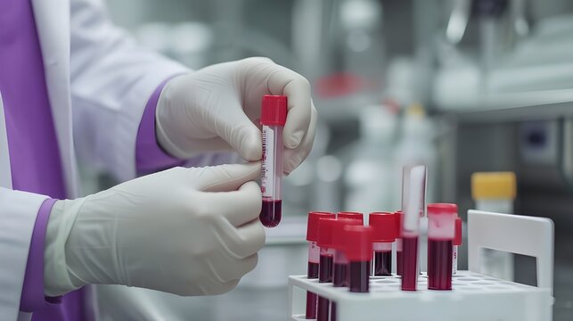  Doctor holding blood tube test in the research laboratory. Hands of a laboratory technician holding a tube of blood sample