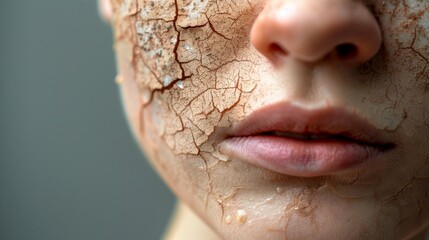 A close-up view of a womans face showing severe cracking of the skin, emphasizing the texture and condition of her complexion - obrazy, fototapety, plakaty