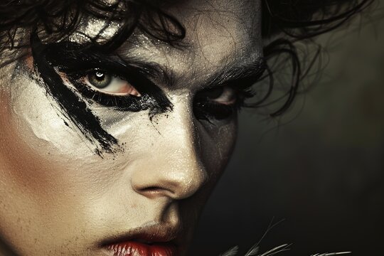 Closeup portrait of handsome young man, visagist or male makeup artist, applying mascara, wearing gold eyeshadow, anchor beard and mustache, looking aside while holding mascara brush close to face