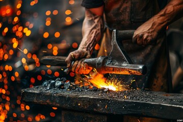 a blacksmith hammering a red hot piece of metal on an anvil