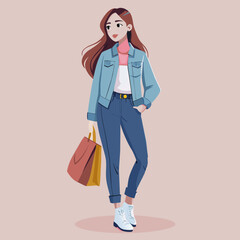 Beautiful Girl shopping fashion cloths full body view in Demin jacket and jeans