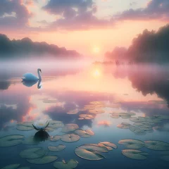 Selbstklebende Fototapeten Beautiful landscape with a swan on the lake at sunrise. © Denis Agati