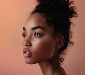 Portrait of a young diverse woman isolated on a peach copyspace background for text