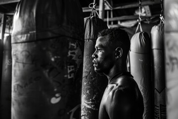 Fototapeta na wymiar a boxer amongst the punching bags at the boxing gym