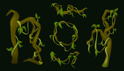 Jungle liana vines with green leaves. Cartoon vector illustration border of rainforest tree creeping branches with foliage. Long ivy climbing plant stem and rope. Tropical hanging vegetation frame.