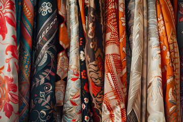 Close up of colorful vintage clothing on a rack
