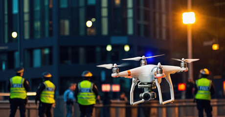 drone flying with blurred police investigating in background  - obrazy, fototapety, plakaty