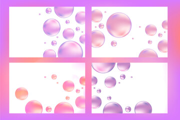 Light pink, purple liquid bubbles or shiny droplets. Aesthetic nude color background. Elegant glowing jelly circles floating composition for cosmetology, beauty science, skin care molecular concept.